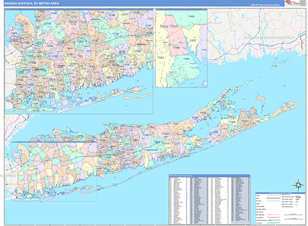 Nassau-Suffolk Metro Area Wall Map Color Cast Style